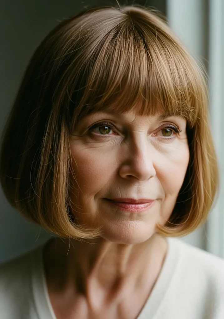 Rounded brunette bob with full straight bangs and a smooth polished finish.