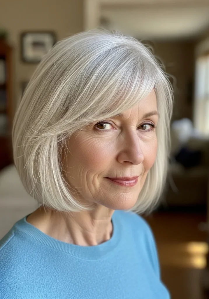 Silver bob with a side part and sweeping bangs blending into the layers.