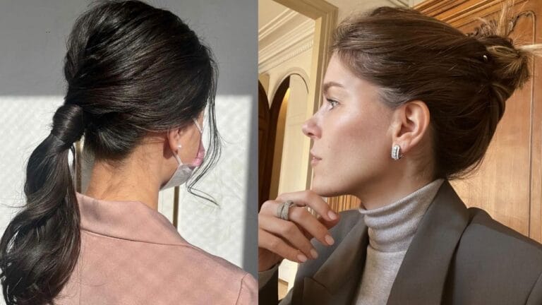 A side-by-side comparison features a voluminous textured ponytail with hair wrapped around the base and wavy strands on the left, beside a sophisticated low messy bun styled with face-framing pieces on the right.