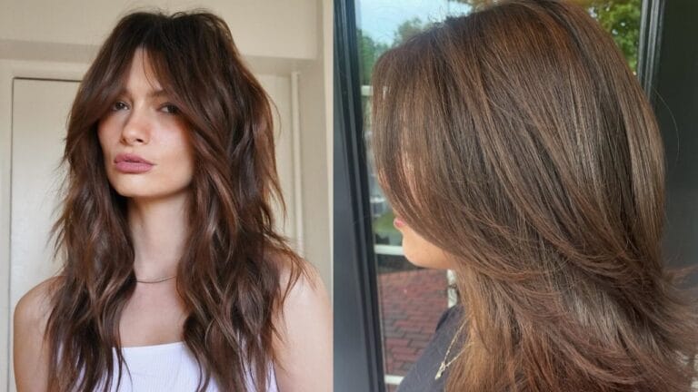 Long layered brown hair with curtain bangs, featuring a tousled wavy texture on the left and a sleek, straight feathered style on the right.