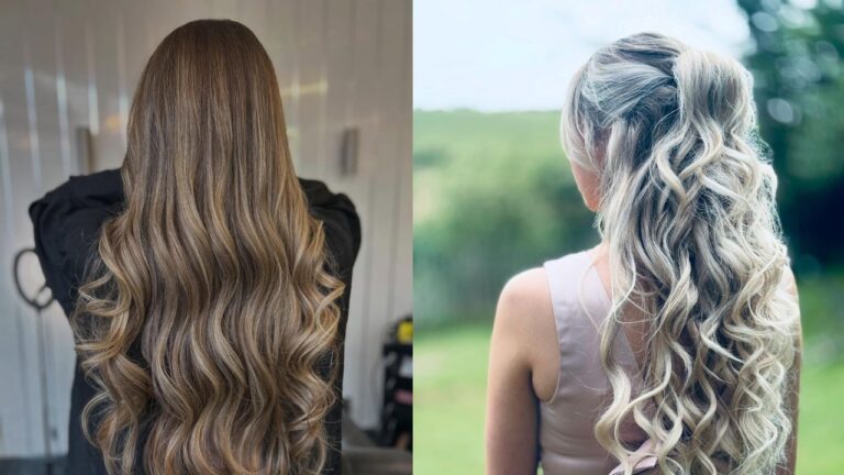 Long wavy brunette hair and long blonde curly hair styled in soft flowing waves and a half up ponytail from the back view.