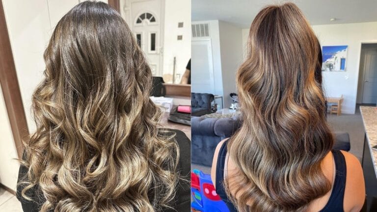Long brunette hair with soft, defined waves and blended caramel highlights creating a smooth, dimensional look.