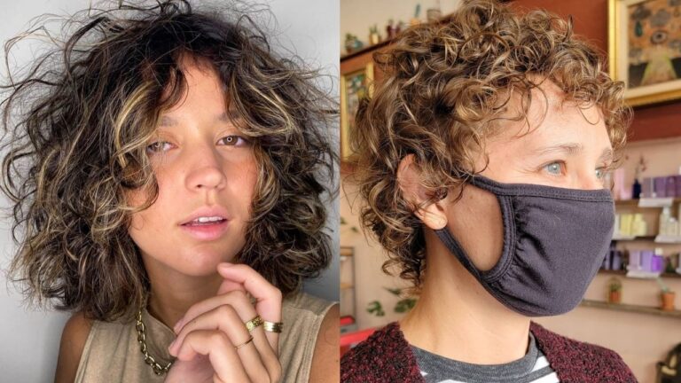 19 Messy Short Curly Hairstyles For A Casual Cool Look The first image showcases two short curly hairstyles with defined textures on dark hair, the second image features two creative looks with micro-braids transitioning into bouncy curls in copper and black tones, and the third image displays two casual, messy curly hairstyles with sun-kissed highlights and effortless volume.