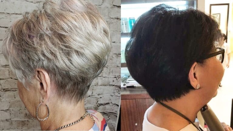 A side-by-side back view highlights two tapered short haircuts, featuring a feathered silver pixie cut on the left and a sleek, voluminous black bob with a clean-cut neckline on the right.