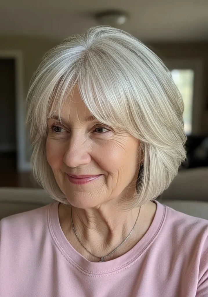 Short silver bob with feathered bangs and soft natural volume.