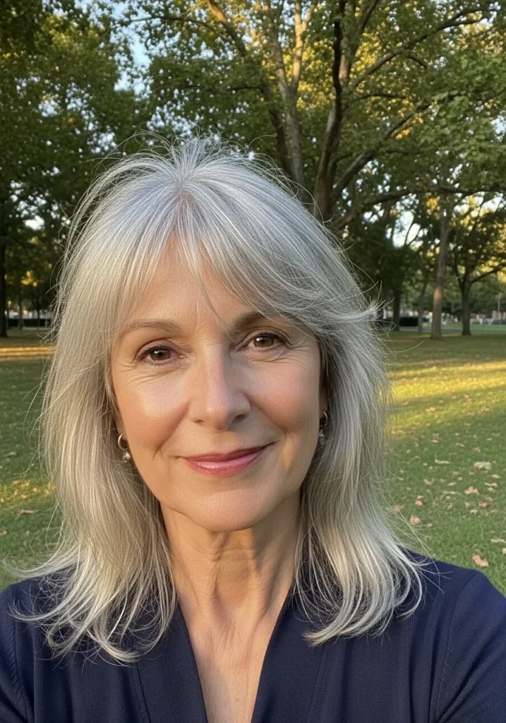 Long silver layered hair with wispy curtain bangs and natural movement.