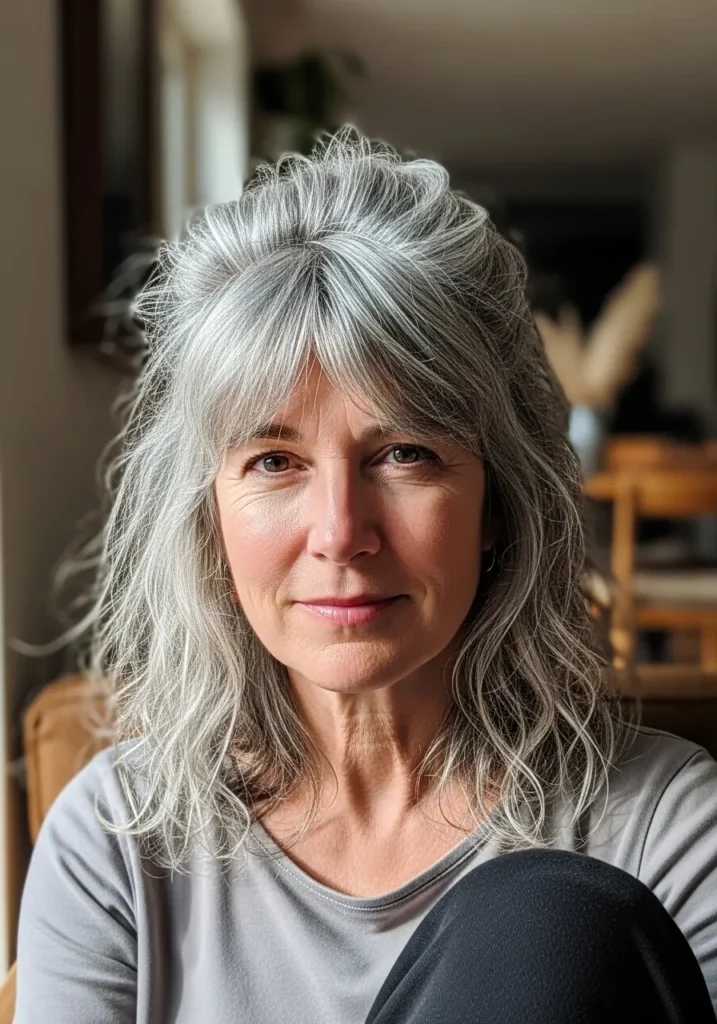 Silver hair styled in a loose updo with soft bangs and added volume.