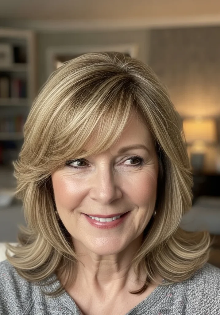 Blonde layered bob with side swept bangs and soft volume.