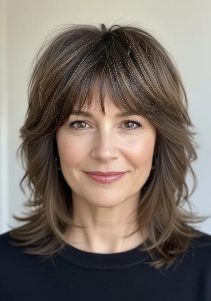 Medium length shag haircut with wispy bangs and soft textured volume.