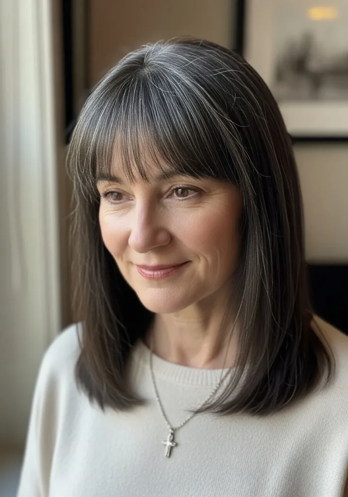 Straight shoulder length lob with full bangs and sleek finish.