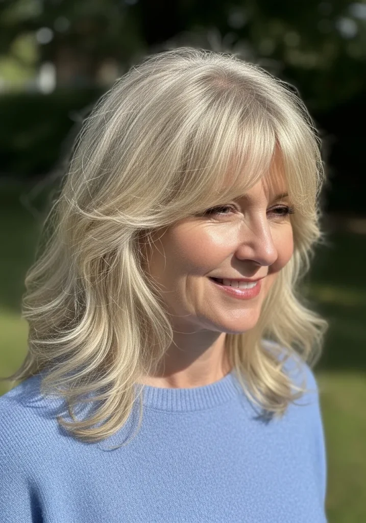 Medium length blonde layered hair with feathered ends and soft side swept bangs.