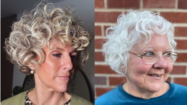 Short curly hairstyles with voluminous texture and soft bangs, shown in both blonde and bright white tones for a full, bouncy look.