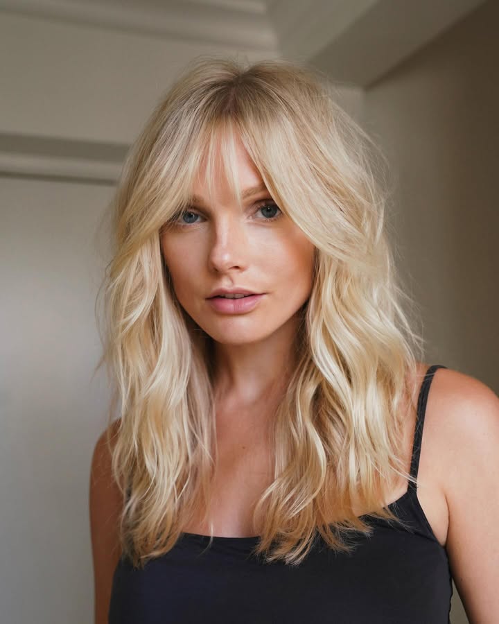 Blonde wavy layered hair with soft bangs and natural beachy volume.
