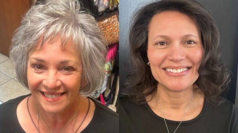 Two women demonstrate voluminous hairstyles for fine hair, featuring a textured silver bob with wispy bangs on the left and a medium-length dark brunette style with soft, face-framing curls on the right.