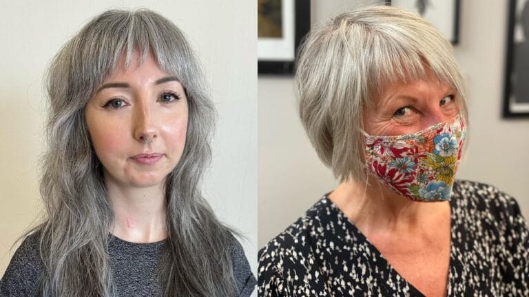 Soft Hairstyles With Bangs That Flatter Older Women Beautifully A side-by-side comparison displays two soft hairstyles with bangs, featuring a voluminous grey-blonde bob with feathered layers on the left and a warm brunette layered cut with wispy, face-framing fringe on the right.