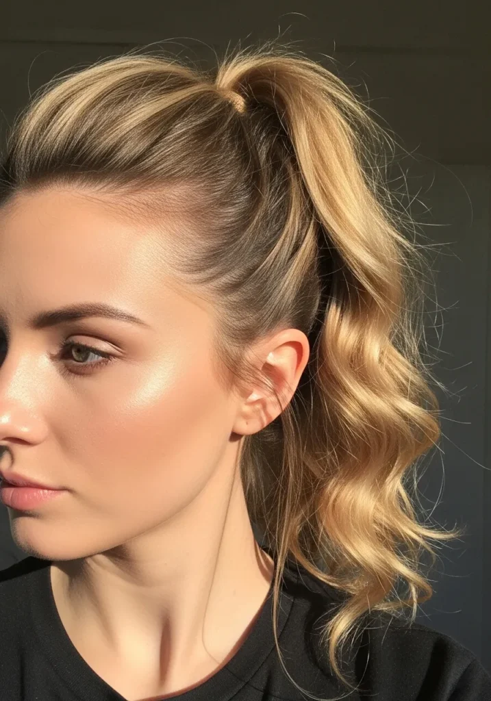 High blonde ponytail with soft defined waves and a lifted crown.