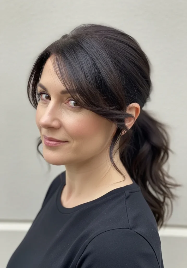 Low ponytail with soft face framing strands and lightly waved dark brown hair.