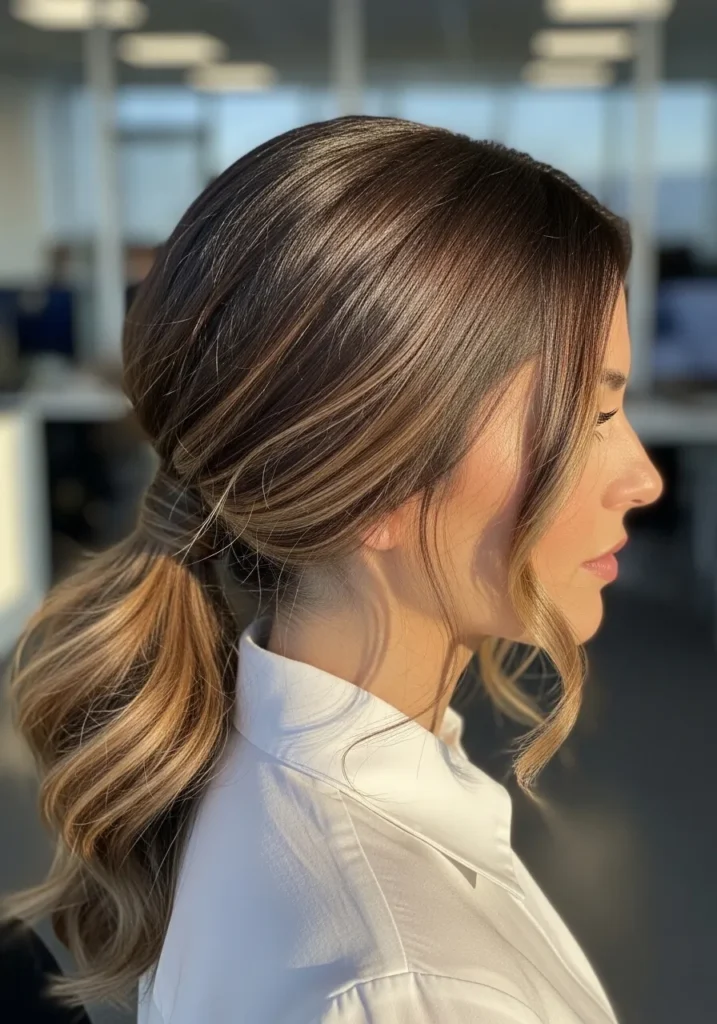 Low ponytail with a soft twisted base and loose brunette waves.
