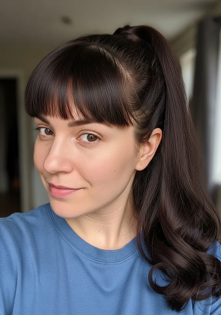 High ponytail with blunt bangs and soft curled dark brown ends.