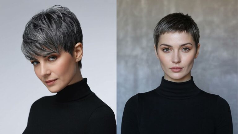 A woman with a short textured tomboy pixie haircut featuring soft layered volume and a smooth tapered finish.