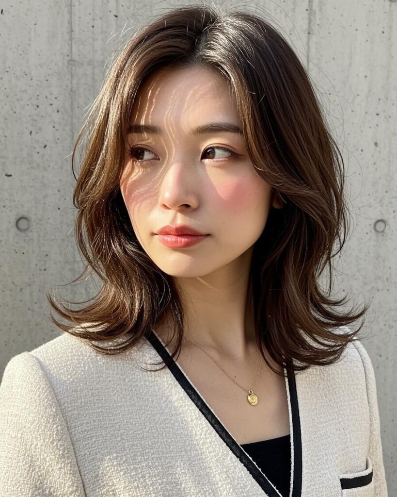 A woman with medium-length, chocolate-brown hair styled in soft S-waves with flipped-out ends and face-framing layers.