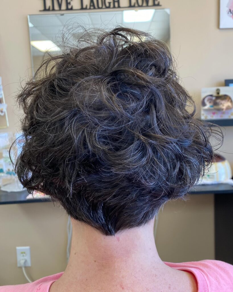 A back view of a woman with tousled dark curls and silver highlights featuring a distinct V-shaped tapered nape.