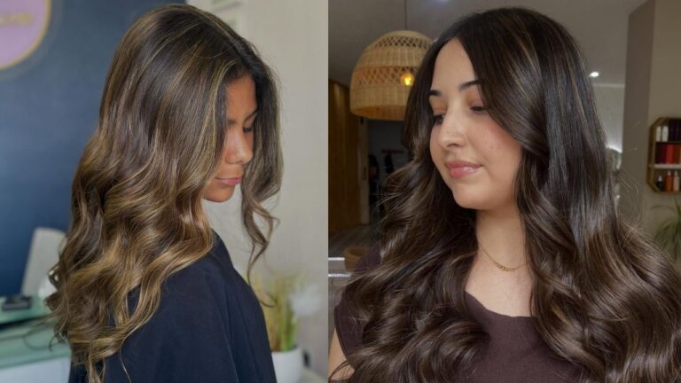 Long, voluminous beach waves with soft curls cascade past the shoulders, featuring warm caramel highlights on dark brown hair in a side-by-side salon comparison.