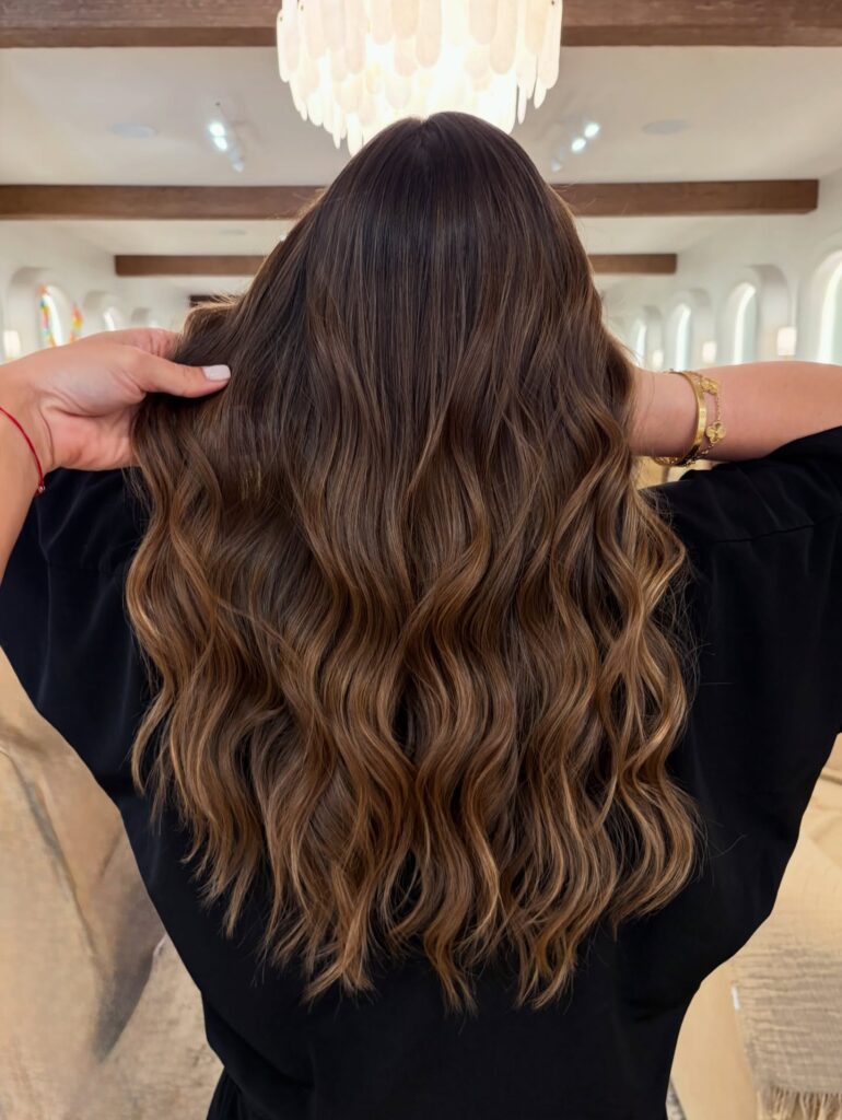 A woman with medium length dark brown hair featuring caramel highlights and soft wavy styling.