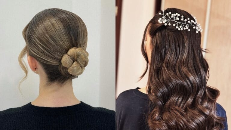 20 Beautiful Aesthetic Hair Ideas to Elevate Your Style A side-by-side comparison displays a half-up hairstyle with a large white ribbon bow and soft waves on the left and a high ponytail secured with a gold claw clip and curled ends on the right.