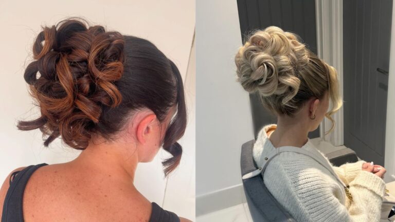 A side by side view of two voluminous curly bun updos with soft looped curls and face framing tendrils in brunette and blonde tones