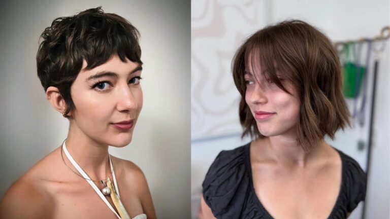 Side-by-side view of short hairstyles, featuring a textured pixie cut with short bangs on the left and a chin-length bob with soft wispy bangs on the right.
