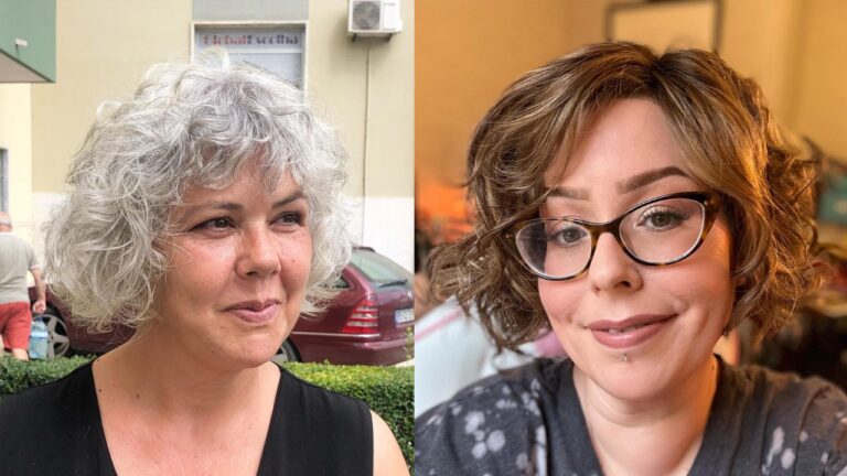 Two women with short curly bob hairstyles and soft bangs, one in silver gray and one in warm brown, both with natural volume and texture.