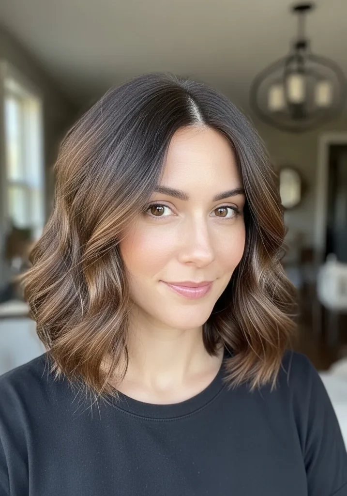 Shoulder-length brunette wavy lob with soft layers and subtle dimension.