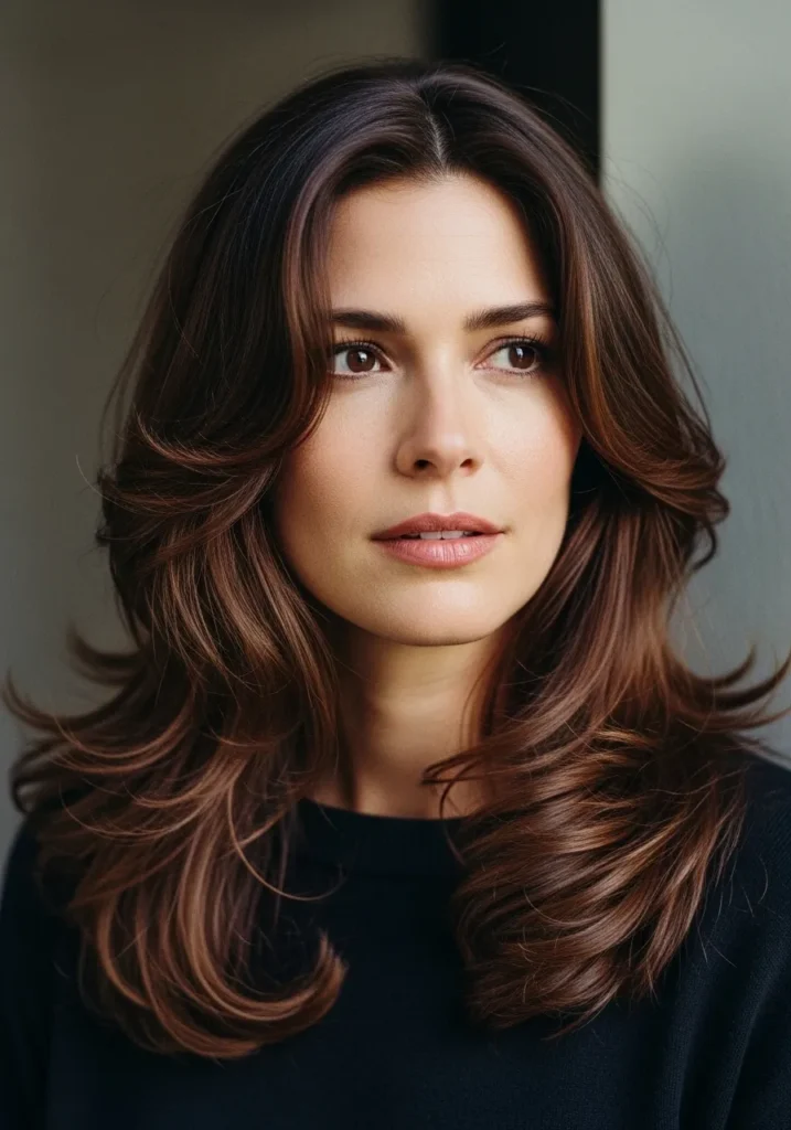 Long brown wavy hair with layers and soft face-framing volume.