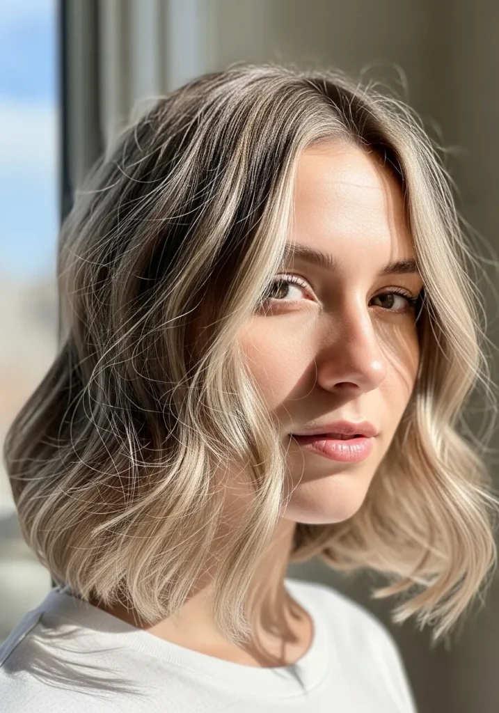 Short blonde wavy bob with soft texture and light layers.