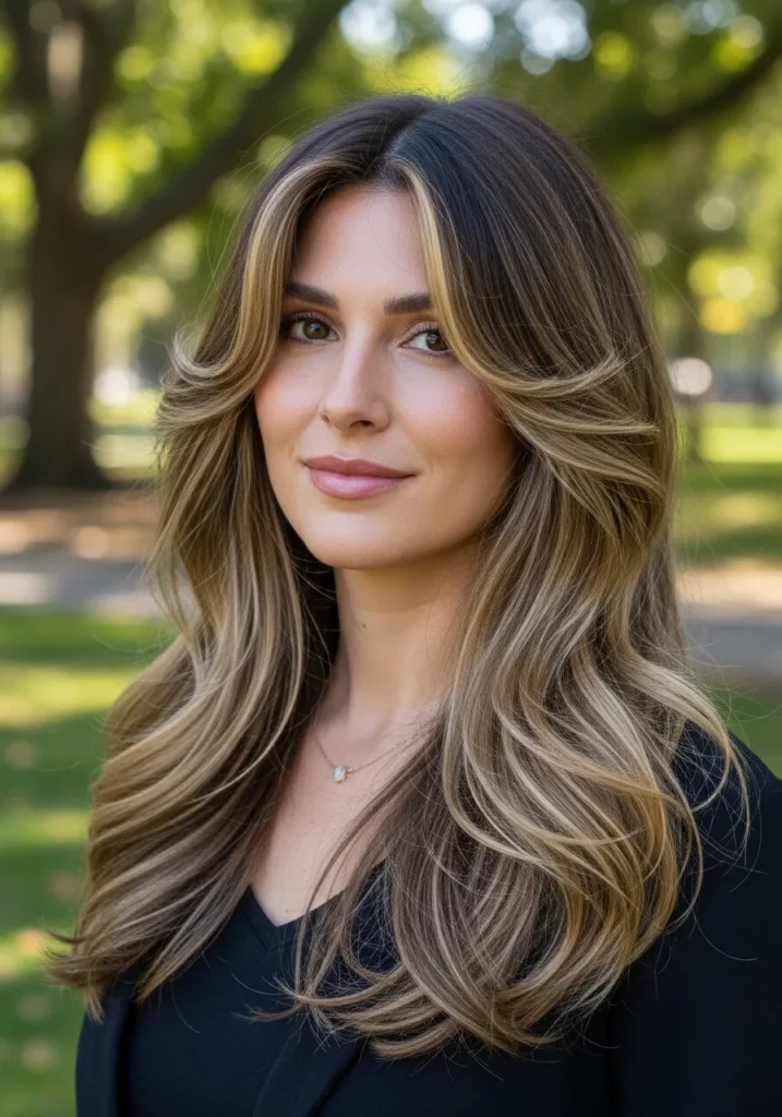 Long brunette wavy hair with layered curtain-style face framing.