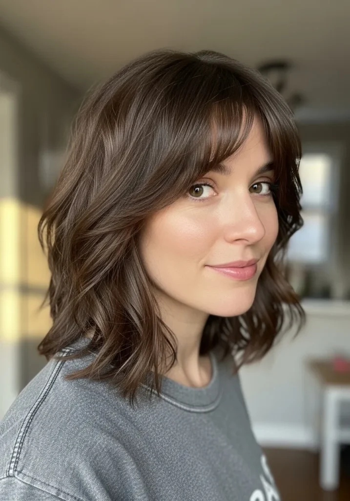 Short brown wavy bob with soft fringe and textured layers.