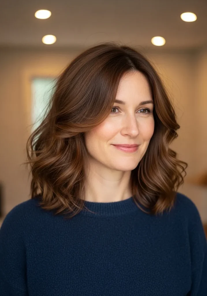 Medium-length brown wavy hair with soft layers and a rounded shape.