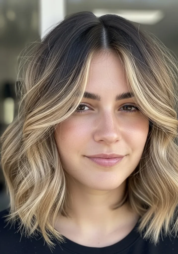 Shoulder-length blonde wavy hair with darker roots and soft blended layers.