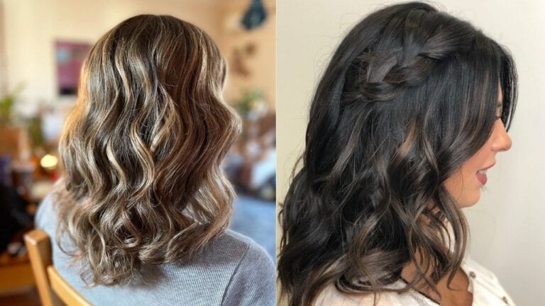 Medium-length wavy hair with soft layers and highlights shown alongside a styled look with loose curls and a side braid.