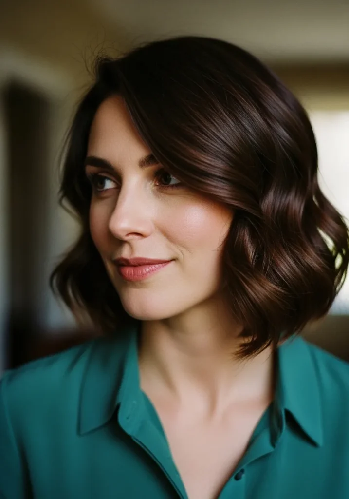 Short brunette wavy bob with a side part and soft defined waves.