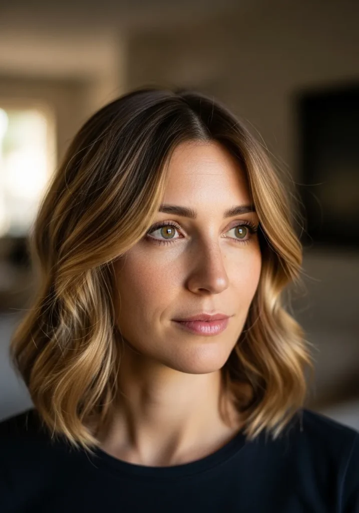 Medium-length brown wavy hair with soft layers and natural shine.
