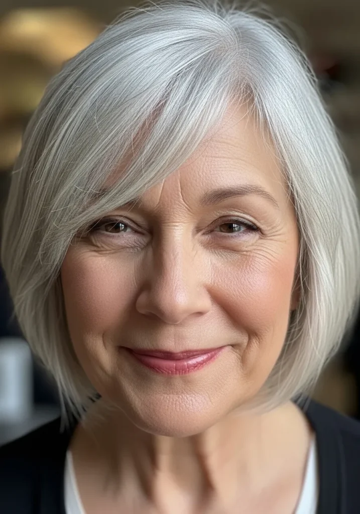 Short silver bob with smooth texture and side swept bangs.