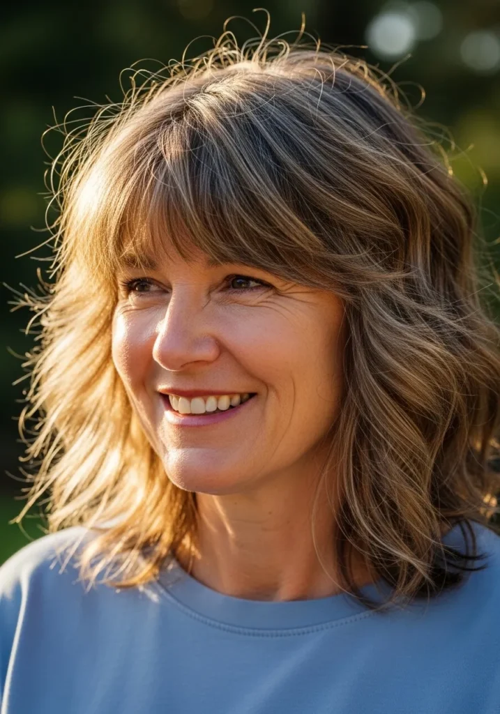 Wavy medium length brunette lob with soft wispy bangs.