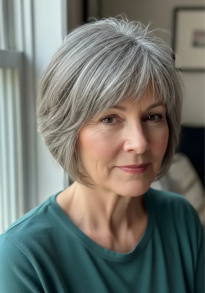 Short layered gray pixie haircut with soft light bangs.