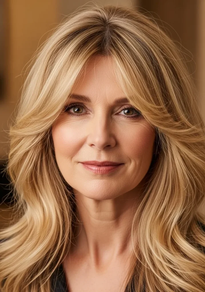 Long blonde layered hair with volume and curtain fringe framing the face.