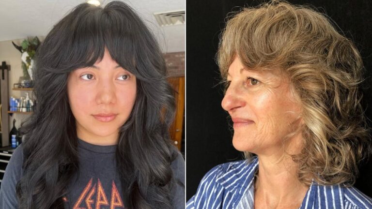 Side by side view of long dark layered hair with soft bangs and a shorter wavy layered cut with voluminous feathered bangs.