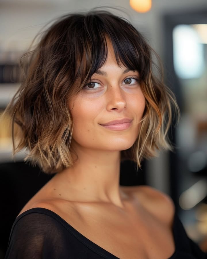 Short wavy brunette bob with textured layers and piecey bangs.