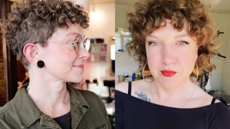 Two women showcase low-maintenance short curly hairstyles, featuring a vibrant orange-red curly pixie with soft volume on the left and a natural dark brunette curly bob with tight, defined ringlets on the right.