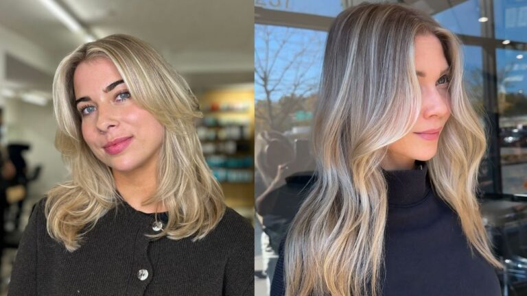 20 Low Maintenance Summer Hairstyles That Still Look Put Together Medium-length blonde hair with soft, outward-curled ends and subtle highlights, styled in a relaxed, face-framing blowout on the left; long, straight-to-wavy ash blonde hair with dimensional balayage highlights and a side part on the right.